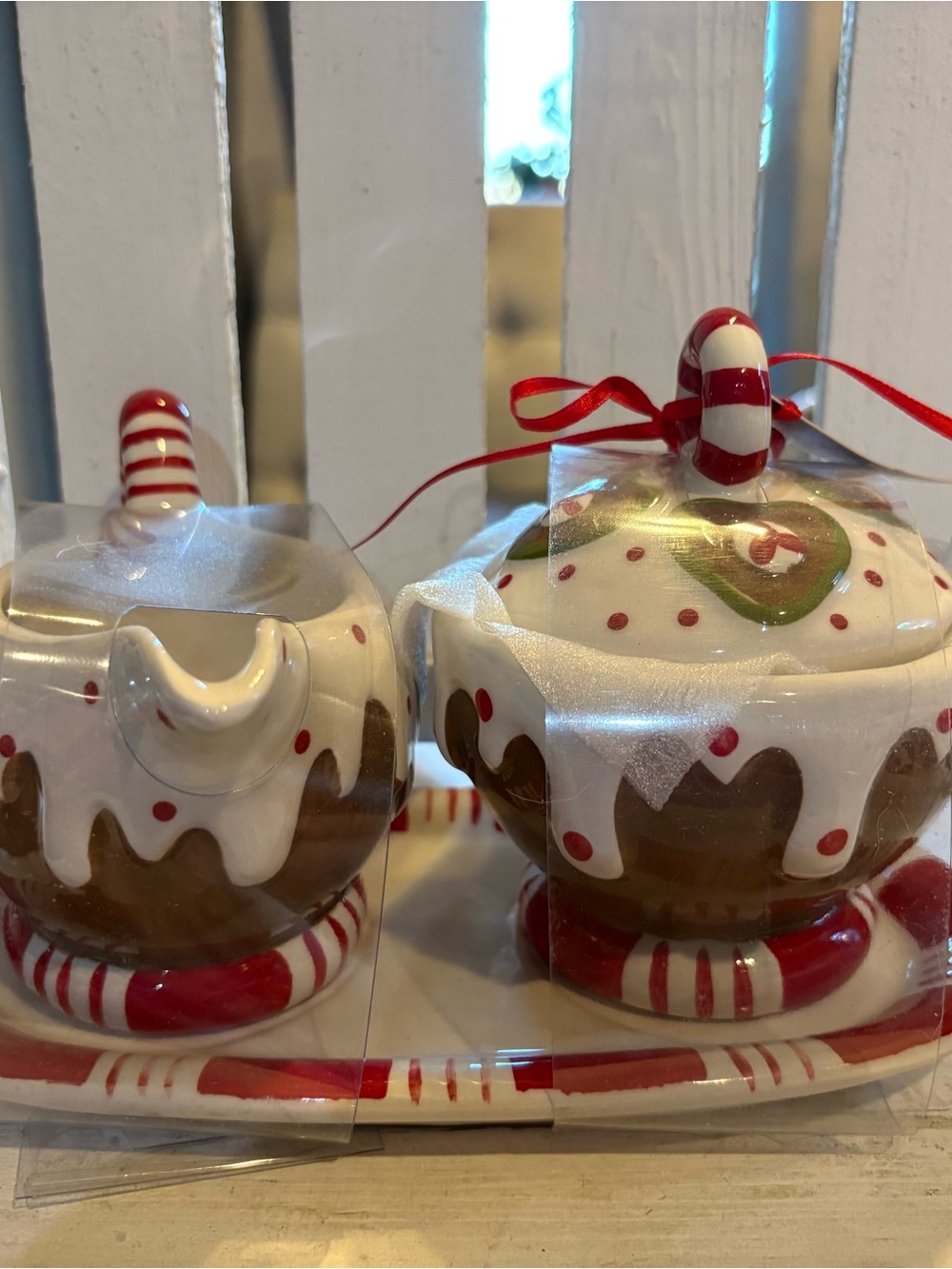 Blue Sky Red and White Gingerbread Ceramic Sugar & Creamer Set